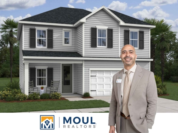 Agent in front of conceptual photo of house - 317 Hill Pond